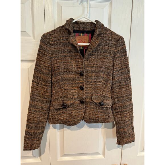 Benetton Blazer Jacket Tweed Wool Blend Brown Fitted Career Coat - Picture 1 of 9